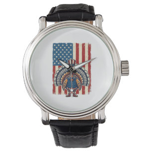 Patriotisches Truthahn-Flagge Vintage-Gravur-Shirt Armbanduhr