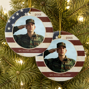 Patriotisches Vintage-Amerikanische-Flagge-Foto Keramikornament