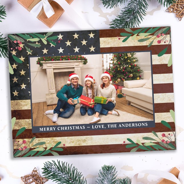 Patriotisches WeihnachtsFoto Vintage Militärflagge Postkarte (Von Creator hochgeladen)