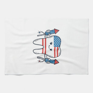 Patriotisches Zahnmaskottchen Feuerwerk Vektor Des Geschirrtuch