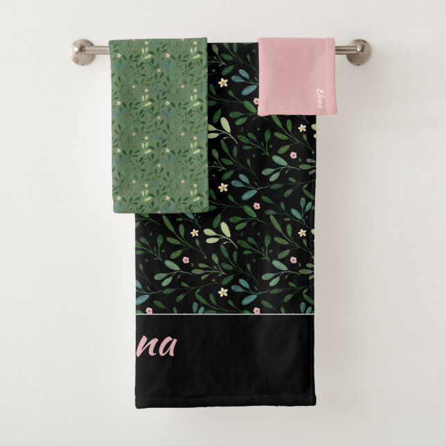 Patronengrün Name schwarz rosa Badetuch Badhandtuch Set (Insitu)