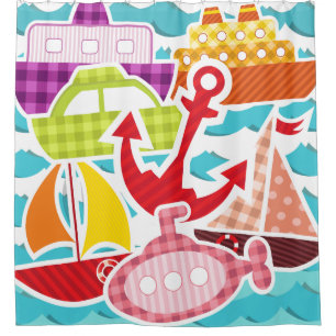 Patterierte Boote, U-Boote, Segelboote, Schlepper Duschvorhang