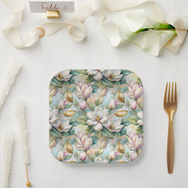 Pattern Elegant Magnolia Flowers Pappteller (Hochzeit)