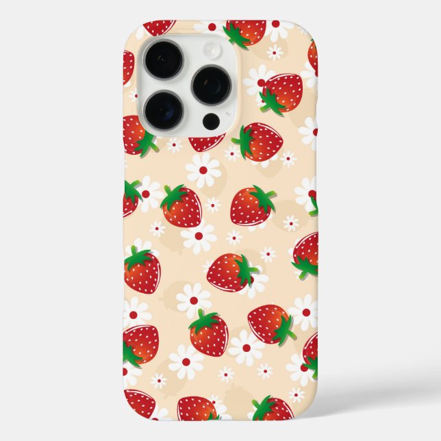 Pattern featuring strawberries and white flowers iPhone 16 pro hülle (Rückseite)