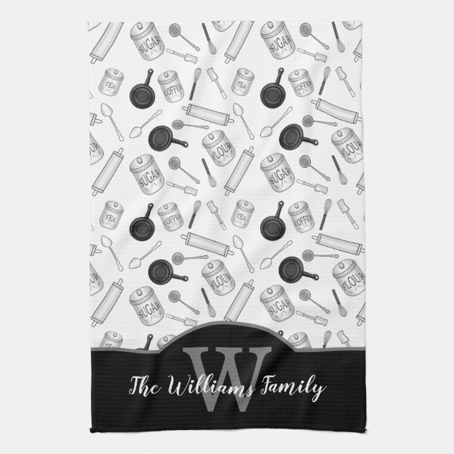 Pattern für Küchenwerkzeuge Monogramm - Schwarz| w Geschirrtuch (Vertikal)