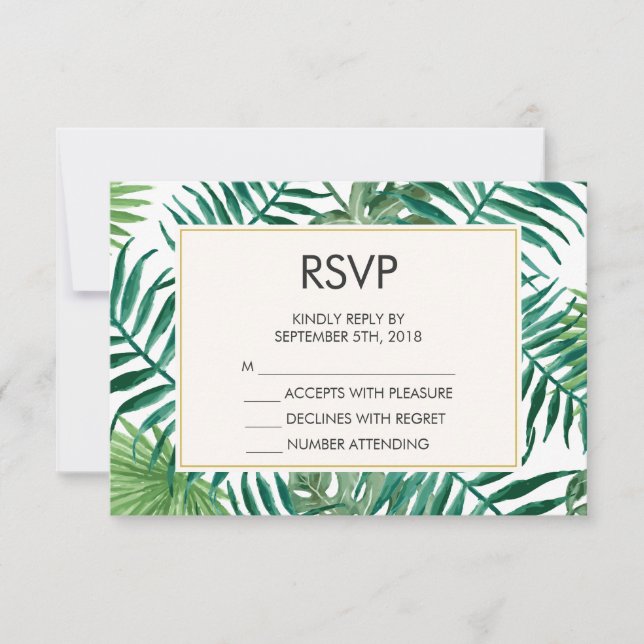 Pattern für tropische Blätter Hochzeitsszenario RSVP Karte (Vorderseite)
