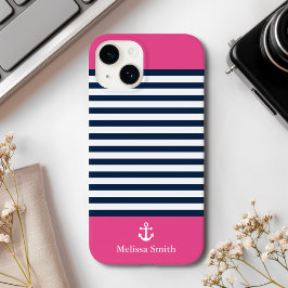 Pattern Navy blue and white bands pink background Case-Mate iPhone 14 Hülle