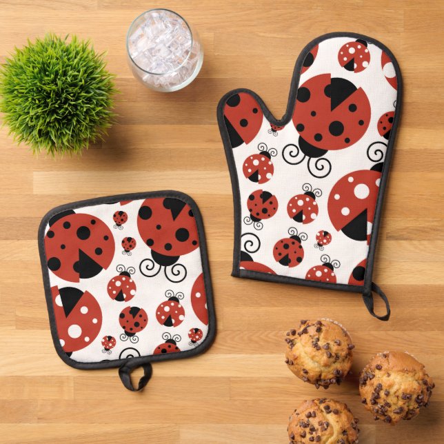 Pattern of Ladybugs, Cute Ladybugs, Red Ladybugs Ofenhandschuh & Topflappen-Set (Oben Unten)