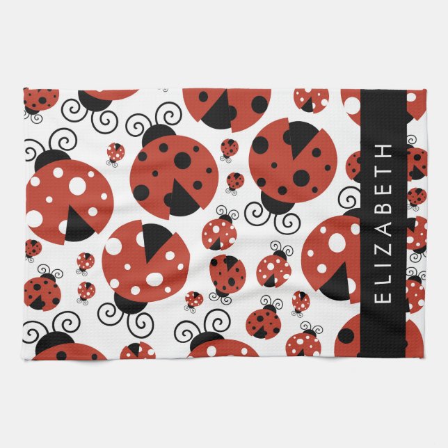 Pattern Of Ladybugs, Red Ladybugs, Your Name Geschirrtuch (Horizontal)
