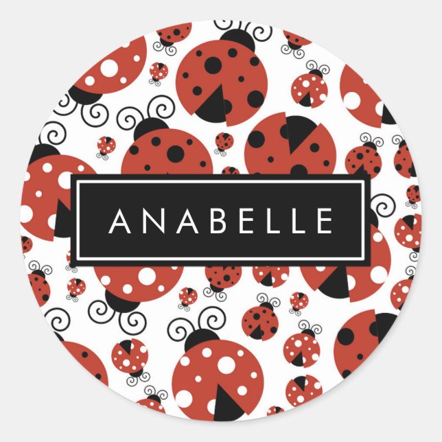 Pattern Of Ladybugs, Red Ladybugs, Your Name Runder Aufkleber (Vorderseite)