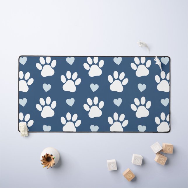 Pattern of paws, Dog paws, White paws, Blue Hearts (Tableau pour enfants)