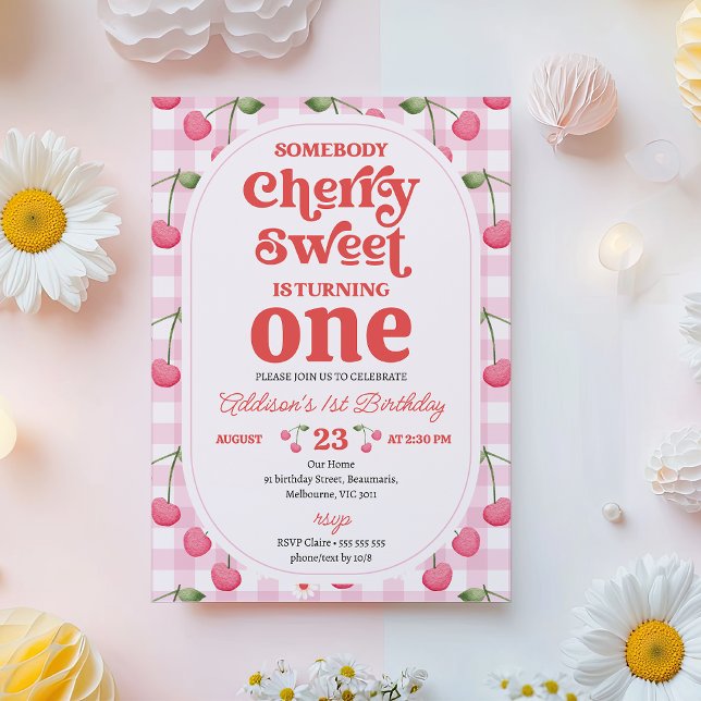 Pattern Red Someone Cherry Sweet Birthday Einladung (Somebody Cherry Sweet Birthday Invitation Template, Retro Cherry Themed Birthday Invitation For Girl)