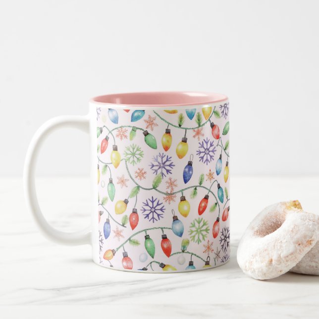 Pattern Retro Christmas Lights Zweifarbige Tasse (Mit Donut)