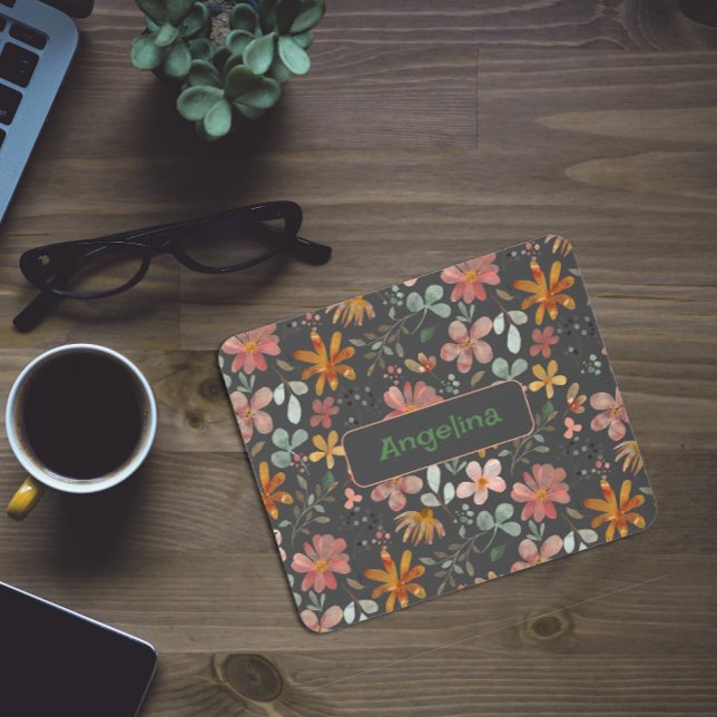 Pattern rosa Wasserfarben botanisches graues Mausp Mousepad (Von Creator hochgeladen)