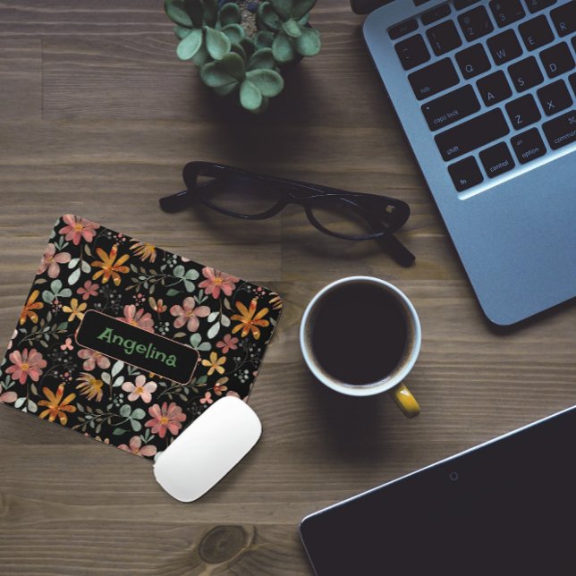 Pattern rosa Wasserfarben botanisches schwarzes Ma Mousepad (Von Creator hochgeladen)