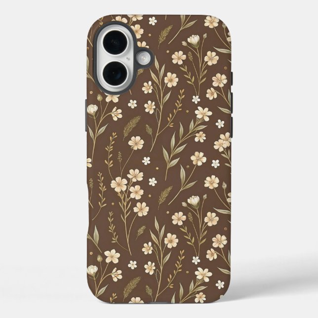 Pattern Wildflowers Brown Background iPhone 16 Plus Hülle (Rückseite)