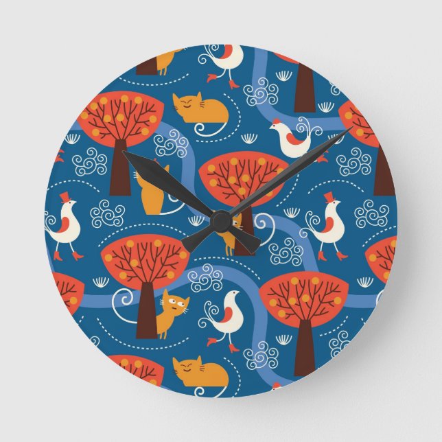 pattern with cute cats and birds runde wanduhr (Vorderseite)