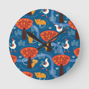 pattern with cute cats and birds runde wanduhr