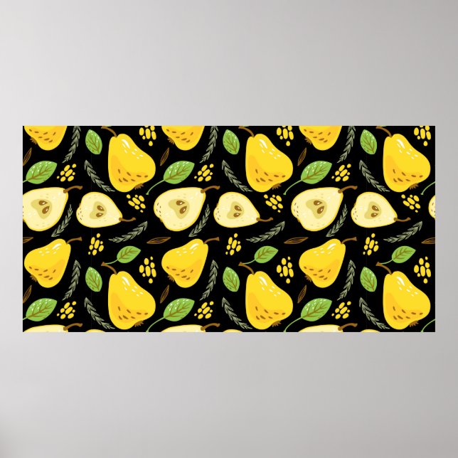 Pattern with sweet yellow pears with leaves, flowe poster (Vorne)