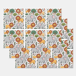 Patterned design featuring elephants, lions. geschenkpapier set