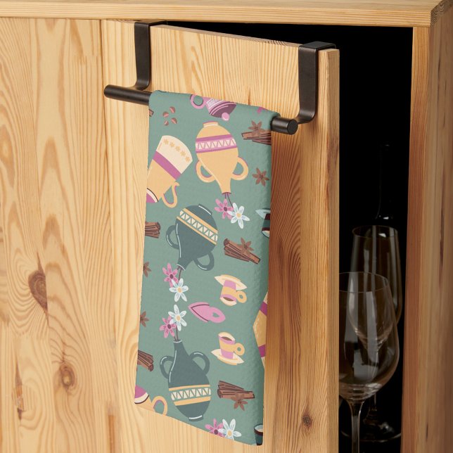 Patterned fabric featuring colorful teapots, cups, geschirrtuch (Von Creator hochgeladen)