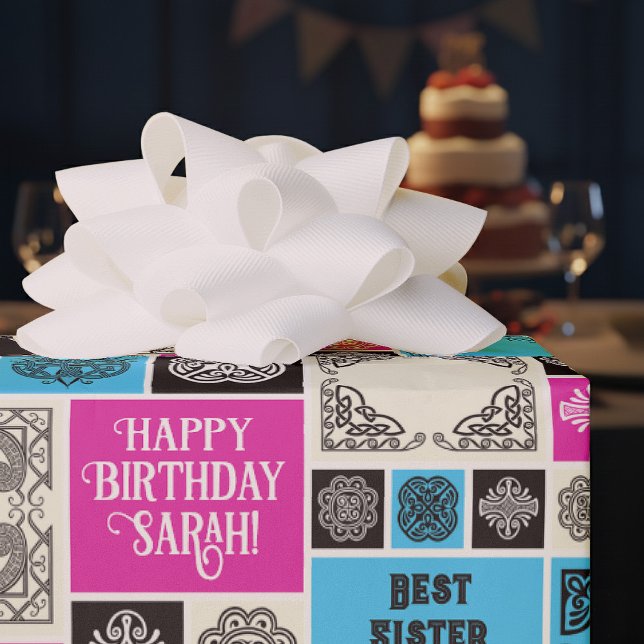 Patterned Tiles Birthday Add The Text Black White Geschenkpapier (Von Creator hochgeladen)