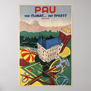 Pau, France/affiche vintage de voyage d'art déco