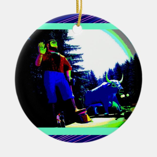 Paul- Bunyan und Ochsen-Foto digital erhöht Keramikornament (Vorne)