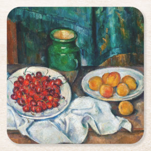 Paul Cezanne - Stilleben mit Kirschen und Pfirsich Rechteckiger Pappuntersetzer