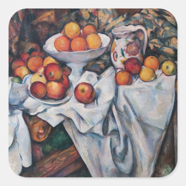 Paul Cezanne - Stillleben, Äpfel und Orange Quadratischer Aufkleber (Vorderseite)