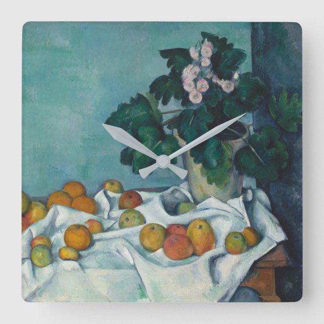 Paul Cezanne | Stillleben mit Äpfeln und einem Töp Quadratische Wanduhr (Vorderseite)