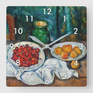 Paul Cezanne - Stillleben mit Kirschen und Pfirsic Quadratische Wanduhr