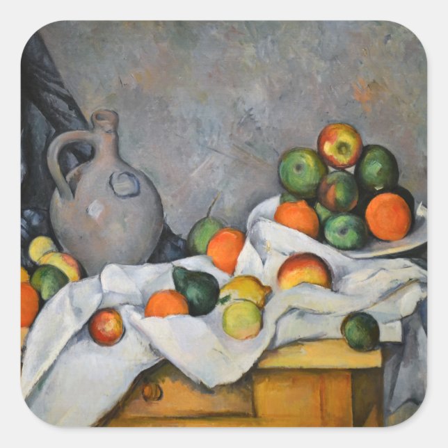 Paul Cezanne - Vorhang, Jug und Fruchtschale Quadratischer Aufkleber (Vorderseite)
