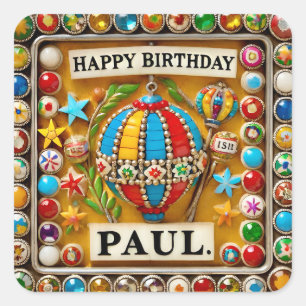 PAUL ~ HAPPY BIRTHDAY ~ Heißluftballon ~ Quadratischer Aufkleber