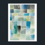 Paul Klee Malerei, "First House in a Settlement" Postkarte<br><div class="desc">Dies ist eine Reproduktion eines Gemäldes Paul Klees namens "First House in a Settlement". Es hat ein geometrisches Rastermuster in Blues,  Grüntöne und Grau.</div>