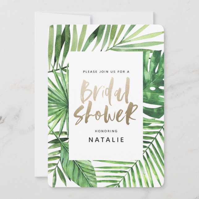 Paume tropicale et script or invitation douche nup (Devant)