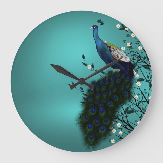 Pauw met Japanse Bloesem Große Wanduhr (Vorderseite)