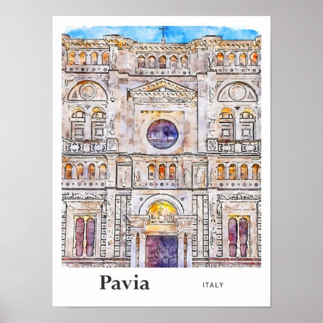 Pavia Italy Travel Watercolor Hand Drawing Poster (Vorne)