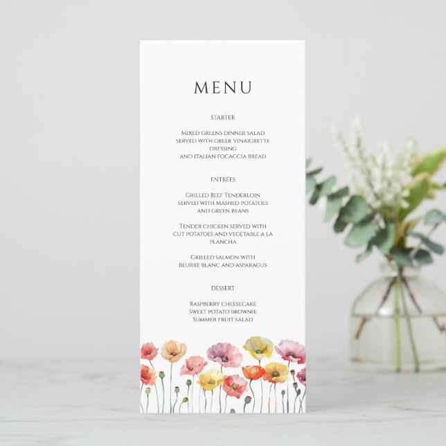 Pavot coloré fleurs sauvages menu mariage (Debout devant)