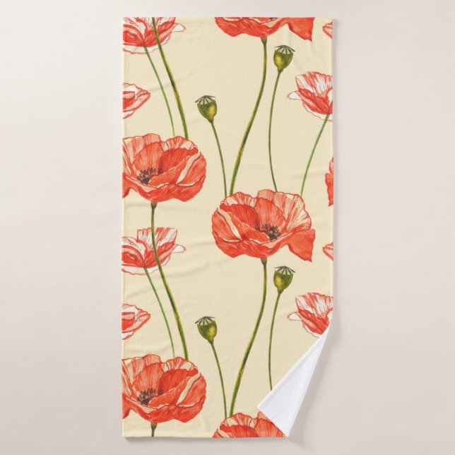 Pavot rouge aquarelle. Motifs sans couture. Fl sau (Serviette de bain)