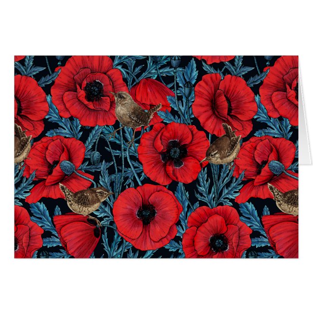 Pavot rouge et brunes, feuilles bleus sur noir (Devant horizontal)