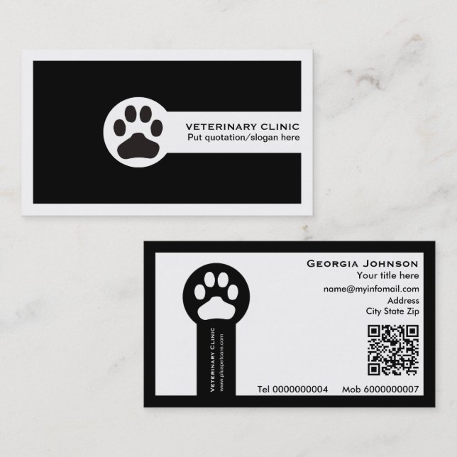 Paw and QR code black Vet/Veterinary Clinic  Visitenkarte (Vorne/Hinten)