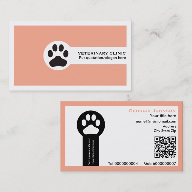 Paw and QR code peach Vet/Veterinary Clinic  Visitenkarte (Vorne/Hinten)