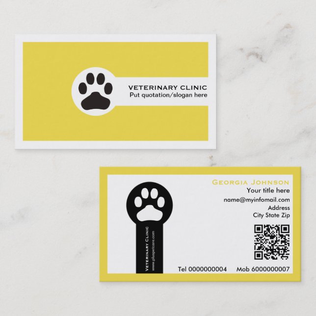 Paw and QR code yellow Vet/Veterinary Clinic  Visitenkarte (Vorne/Hinten)