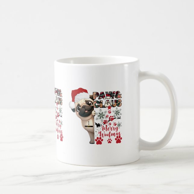 Paw Claus Mops in Weihnachtsmannmütze Snowflakes H Kaffeetasse (Rechts)