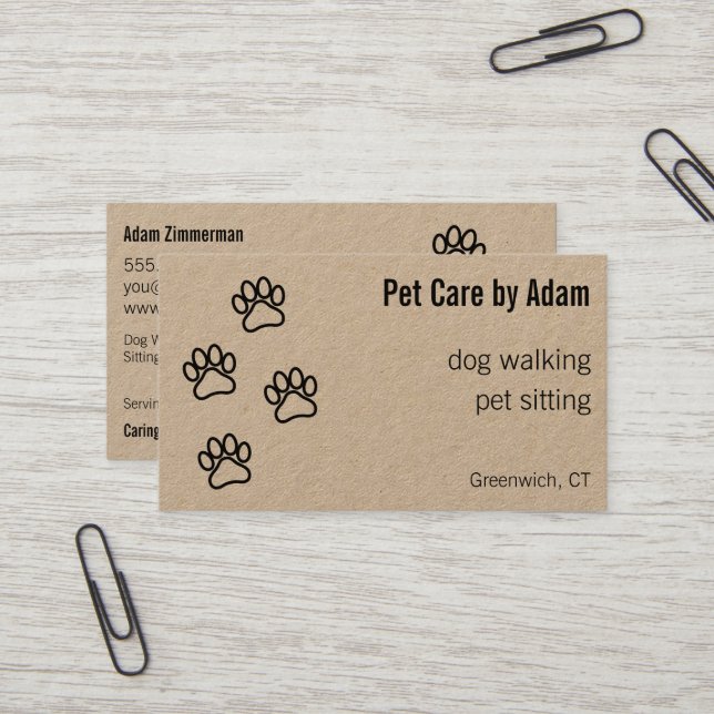 Paw druckt Dog Walker Pet Sitter Kraft Papier Visitenkarte (Vorderseite/Rückseite Beispiel)