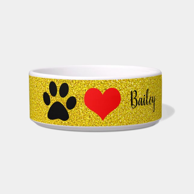 Paw druckt Monogramme Gold Glitterie Geschenk Nied Napf (Vorderseite)