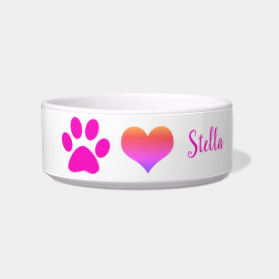 Paw druckt Niedliche Heart Monogramme Pink White O Napf