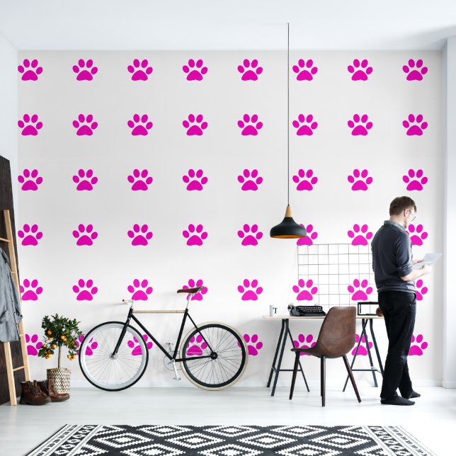 Paw druckt Pets Pink White Simple Animal Pattern Tapete (Wohnbereich)