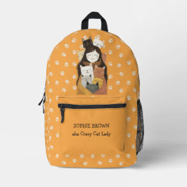 Paw Pattern Crazy Cat Lady mit Name Yellow Bedruckter Rucksack